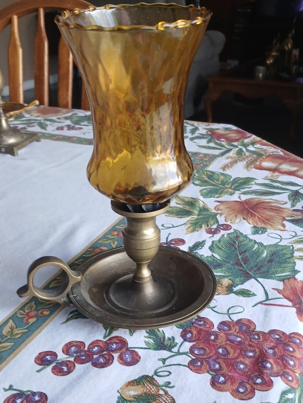 Amber Glass Hurricane Lantern with Brass Base